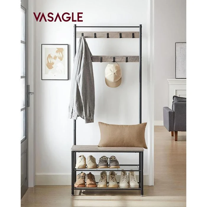 Vasagle Garderobenständer HSR41MB, Mit 9 Haken, Metall / Holz, Schwarz / Graubraun 9 Vasagle Garderobenständer HSR41MB, Mit 9 Haken, Metall / Holz, Schwarz / Graubraun – Bild 7