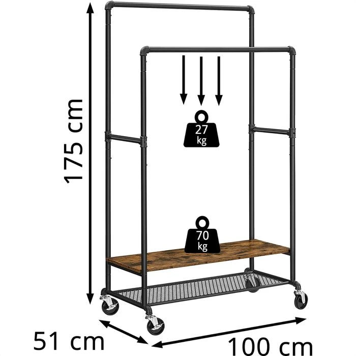 Vasagle Garderobenständer RGR120B01, Vintage, Mit Rollen & 2 Ablagen, Metall / Holz, Braun 4 Vasagle Garderobenständer RGR120B01, Vintage, Mit Rollen & 2 Ablagen, Metall / Holz, Braun – Bild 2