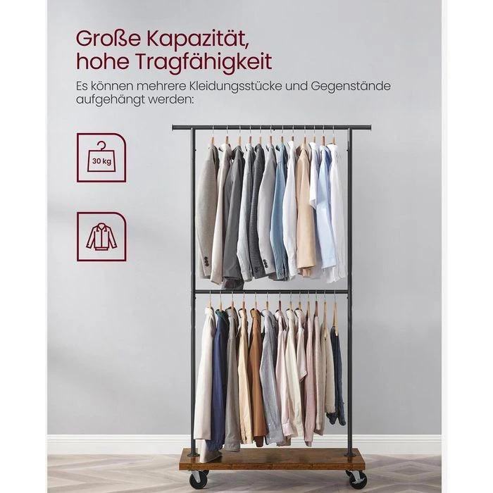 Vasagle Garderobenständer RGR111B01, Vintage, Rollen & Ablage, Ausziehbar, Metall / Holz, Braun 5 Vasagle Garderobenständer RGR111B01, Vintage, Rollen & Ablage, Ausziehbar, Metall / Holz, Braun – Bild 3