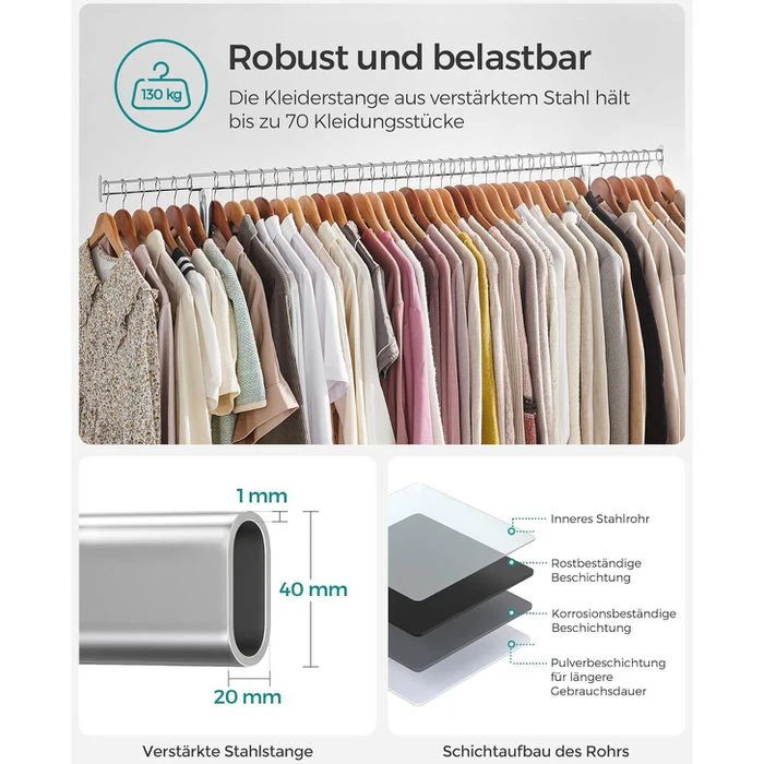 Songmics Garderobenständer HSR11S, Bis 130 Kg, Mit Rollen, Ausziehbar, Metall, Silber 5 Songmics Garderobenständer HSR11S, Bis 130 Kg, Mit Rollen, Ausziehbar, Metall, Silber – Bild 3