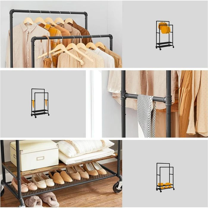 Vasagle Garderobenständer RGR120B01, Vintage, Mit Rollen & 2 Ablagen, Metall / Holz, Braun 6 Vasagle Garderobenständer RGR120B01, Vintage, Mit Rollen & 2 Ablagen, Metall / Holz, Braun – Bild 4