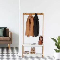 Relaxdays Garderobenständer 10024984, Mit 2 Ablagen & 4 Haken, Bambus, Natur / Weiß -Wohnmöbel Gemischtwaren Geschäft bb11ea55c1c07727dd3176bdc0b63f3e308257cc garderobenstaender relaxdays 10024984