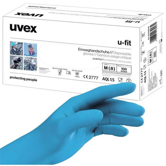 Uvex Einmalhandschuhe U-fit Nitril, Puderfrei, Chemikalienschutzhandschuh, Blau, 100 Stück, Gr. L 3 Uvex Einmalhandschuhe U-fit Nitril, Puderfrei, Chemikalienschutzhandschuh, Blau, 100 Stück, Gr. L