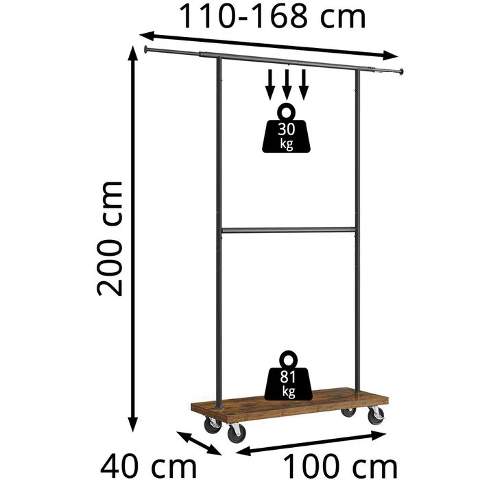 Vasagle Garderobenständer RGR111B01, Vintage, Rollen & Ablage, Ausziehbar, Metall / Holz, Braun 4 Vasagle Garderobenständer RGR111B01, Vintage, Rollen & Ablage, Ausziehbar, Metall / Holz, Braun – Bild 2