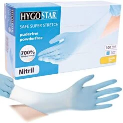 Franz-Mensch Einmalhandschuhe Safe Super Stretch, Nitril, Puderfrei, Blau, 100 Stück, Größe XS
